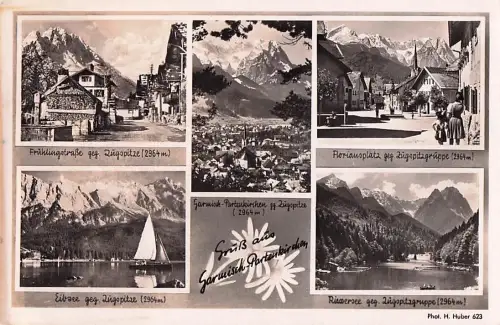 Ak Garmisch Partenkirchen in Oberbayern, Florianplatz, Riemersee, Frühlingstraße, Eibsee, Zugspitze -803880