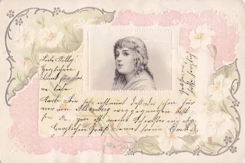 Postkarte mit floralem Rahmen und dem Porträt einer Frau in der Mitte -804142