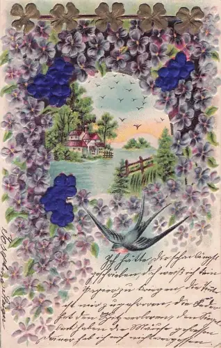 Präge Litho Schwalben, Karren, Blumen, Rosen, Vergissmeinnicht, Kitsch -804236