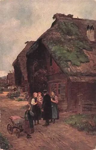 Künstler-Ansichtskarte Wilhelm Hasemann: Familie mit Kindern verabschiedet den Besuch vor dem Gehöft -804572