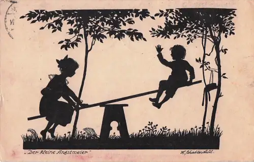 Kinderspiele Wippe sign. Hanna Schaberschul AK Scherenschnitt 1918 -804090