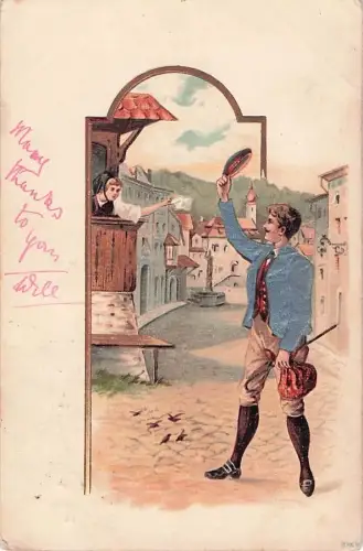-Lithographie Muss i denn zum Städtle `naus, Wandersmann winkt zum Abschied -804130