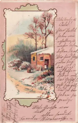 winterliche Landschaft mit einer verschneiten Hütte -804336