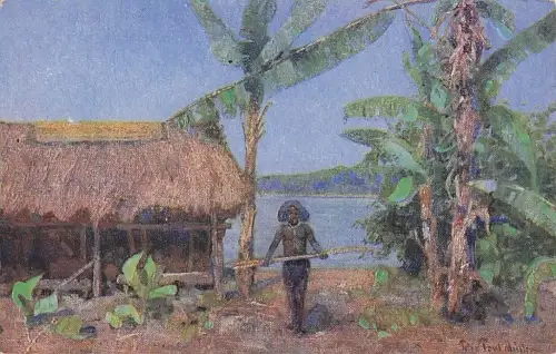 Künstler Ansichtskarte / Postkarte Peter Paul Müller, Papua Neuguinea, Einheimischer vor Hütte, Palmen -804324