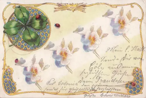 Ak Kleeblatt, Marienkäfer, Blumen -804344