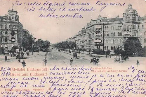 Ungarn Gruss aus Budapest animierte Andrássy-Allee-Lampen Pferdewagen -804790