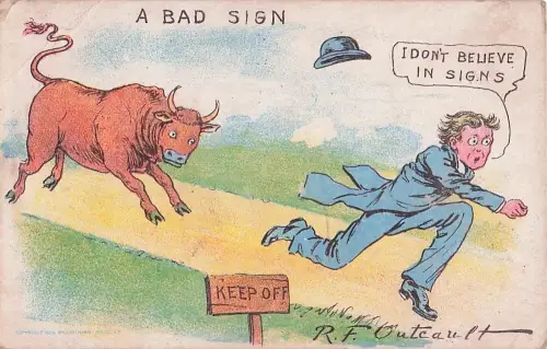 Outcault signierte Postkarte: Ochse jagt Mann – Ein schlechtes Zeichen – Von Saratoga Springs, NY fernbleiben -804524