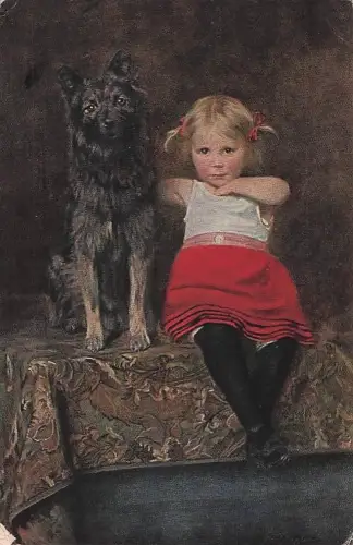 Künstler-AK Fritz Greve: Lieselotte präsentiert stolz ihren treuen Hund -804430