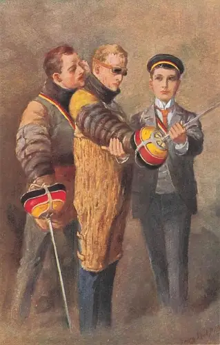 Künstler-Ansichtskarte Georg Mühlberg: Mensurpause, Student in Schutzkleidung, Degen -804448