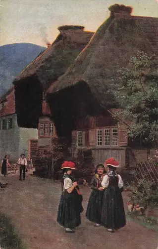 Künstler-AK H. Hoffmann: Schwarzwälderinnen plaudern auf einer Dorfstrasse -804642