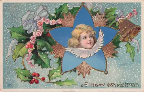 Weihnachtspostkarte – Engelsgesicht, Stechpalmengold-Finish, ca. 1910, Gelcoat -804510