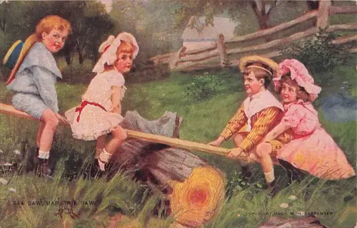 MARJORIE DAW Kinder Wippsaw Wippe Baumstamm Jungen Mädchen Künstler Postkarte -804530
