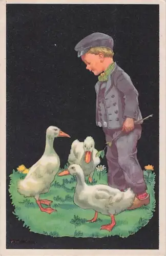Gaensehirte mit Holzschuhe sign Kirch. Ente -804478