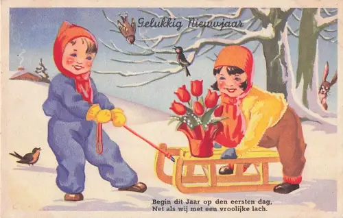 niederländische Neujahrspostkarte mit einer winterlichen Szene. -804708