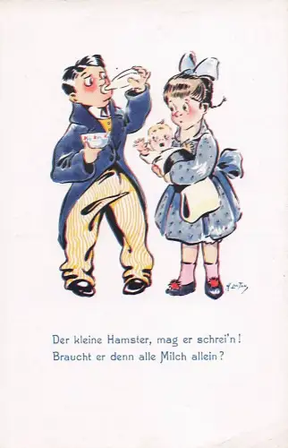 Baby Vater trinkt aus der Milchflasche sign. Kuenstlerkarte Humor -804714