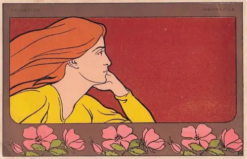 Jugendstil Litho Meunier, Allegorie, Eglantier, Inspiration, Frauenportrait, Blüten -804982