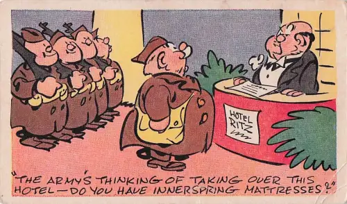 Militär-Comic-Postkarte aus dem Zweiten Weltkrieg, 1943: Armee übernimmt Hotel in Shreeport, Louisiana -804516