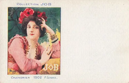 Künstler-Ansichtskarte Reklame für JOB-Zigarettenpapier, Calendrier 1902, rauchende junge Frau, Jugendstil -805040