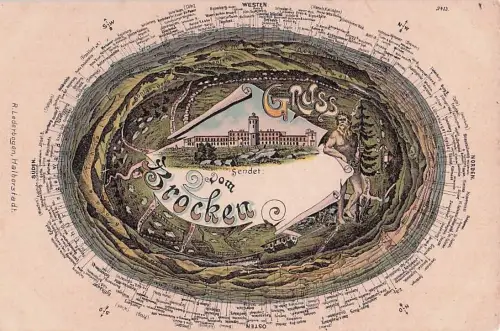Lithographie Brocken, das Brocken-Hotel, eine Landkarte der Umgebung -805400
