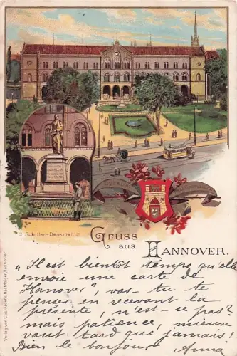 Lithographie Hannover, Lyceum Real-Gymnasium, Schiller-Denkmal, Wappen -805440