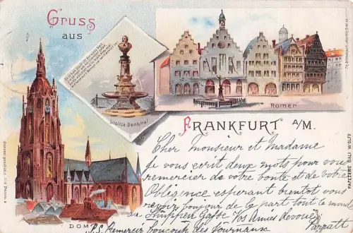 Lithographie Alt-Frankfurt, Dom, Römer und Stoltze-Denkmal -805460