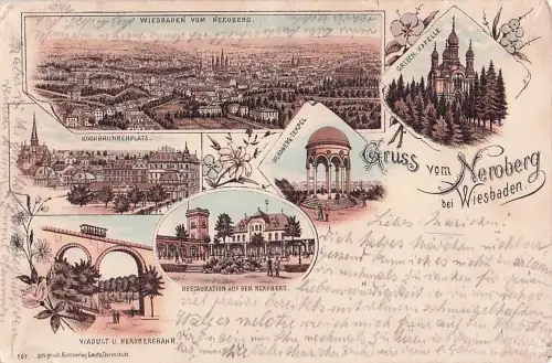 Vorläufer-Lithographie Wiesbaden, 1894, Kochbrunnenplatz, Restaurant auf dem Neroberg, Griech. Kapelle, Viadukt -805324