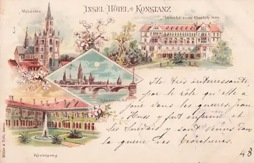 Lithographie Konstanz, Insel Hotel vom Garten aus, Münster, Rheinbrücke, Kreuzgang -805350