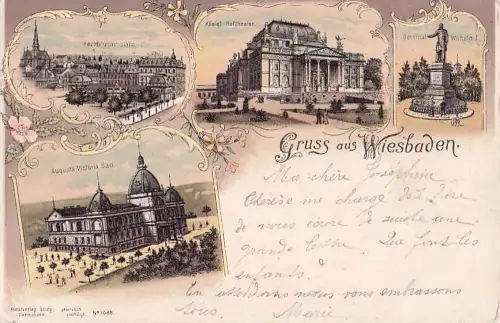 Lithographie Wiesbaden, Kochbrunnenplatz, Hoftheater, Augusta Victoria Bad -805384