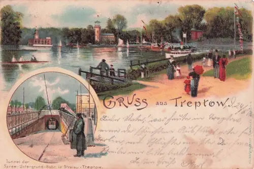 Litho Berlin Treptow, Kaiser Wilhelmgarten, Dampferanlegestelle, Tunnel der Spree U-Bahn -805464