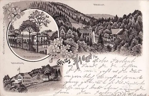 Lithographie Hagen i. W., Waldlust, Friedrichslust, Volmeburg -805372