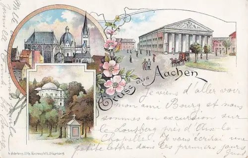 Litho Aachen in Nordrhein Westfalen, Dom, Theater, Lousberg mit Belvedère -805328