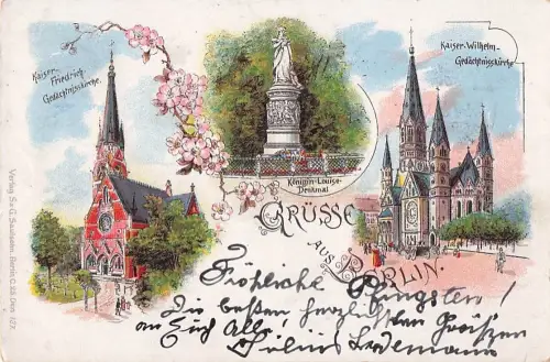 Lithographie Berlin-Tiergarten, Kaiser-Friedrich-Gedächtniskirche, Königin-Luise-Denkmal -805348