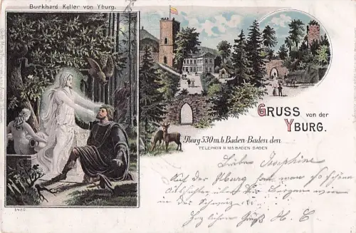 Lithographie Baden-Baden, Yburg mit Burkhard Keller von Yburg -805412