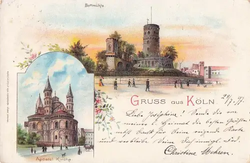 Lithographie Köln / Rhein, Ursulakirche und Bottmühle -805342