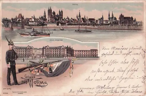 Litho Worms am Rhein, Neue Kaserne, Totalansicht, Soldat, Fahne -805362
