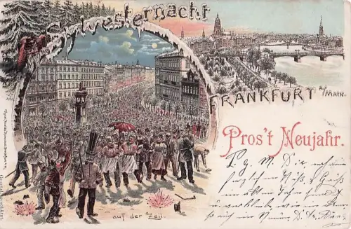 Winter Litho Frankfurt am Main, Glückwunsch Neujahr,Auf der Zeil, Stadtblick, Brücke, Silvesternacht -805458