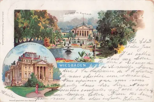 Lithographie Wiesbaden, Kurpark mit Kurhaus und Königl. Schauspielhaus -805388