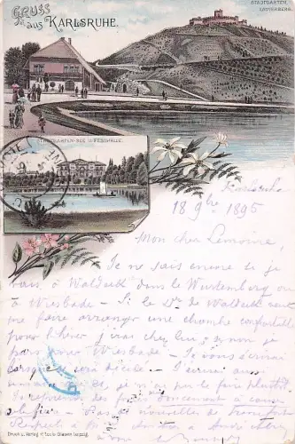 Lithographie Karlsruhe, Stadtgarten mit Lauterberg, See und Festhalle -805452
