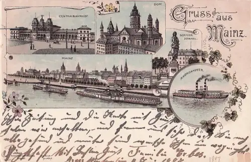 Lithographie Mainz, Centralbahnhof, Schillerdenkmal, Stadtpanorama mit Dampfern -805428