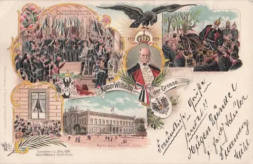 Lithographie Berlin, Palais Kaiser Wilhelm, Kaiser Wilhelm I. letzter Gruss 1888, Kaiser Wilhelm der Grosse -805386