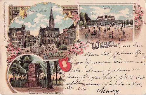 Lithographie Wesel / Rhein, Grosser Markt, Bahnhof und Denkmal d. 11 Schill`schen Offiziere -805506