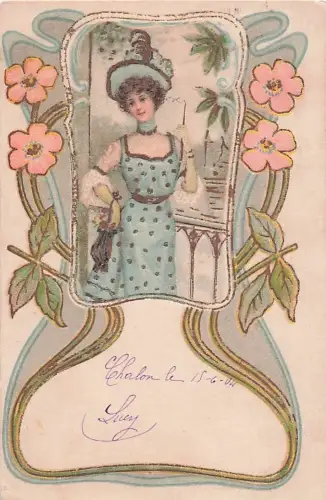 Lithographie Elegante Dame mit Brille, Jugendstil -805688