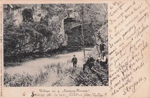 Postkarte aus dem Jahr 1902, die die Quelle des Flusses Zlatna Panega in Bulgarien zeigt. -805696