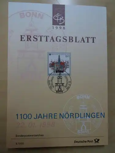 Bund ETB Ersttagsblätter Jahrgang 1998 komplett (5617)