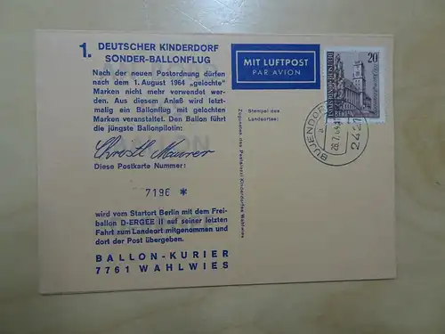 Bund 1. Deutscher Kinderdorf Sonder-Ballonflug ohne Adresse (10821)