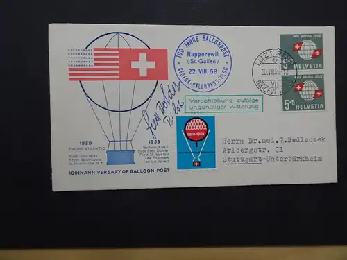 Schweiz 100 Jahre Ballonpost 1959 + Unterschrift Dolder (10831)