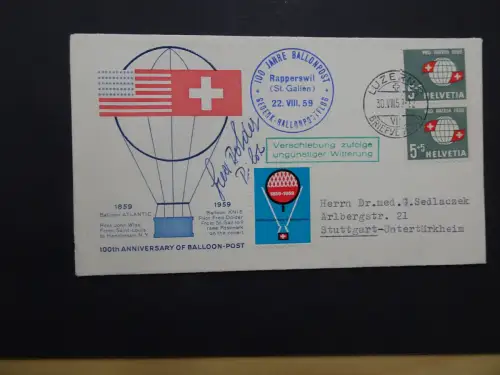 Schweiz 100 Jahre Ballonpost 1959 + Unterschrift Dolder (10831)