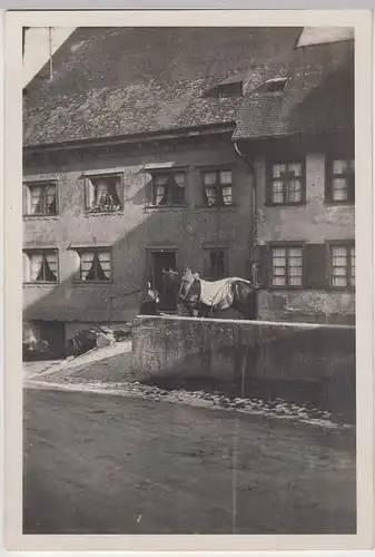 (F9722) Orig. Foto Pferde vor einem Haus, unbekannter Ort vor 1945