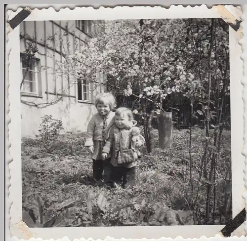 (F9610) Orig. Foto kleine Kinder am Haus, Obstblüte 1956