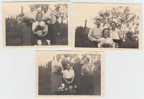 (F9573) 3x Orig. Foto Frauen mit Blumen im Garten 1943